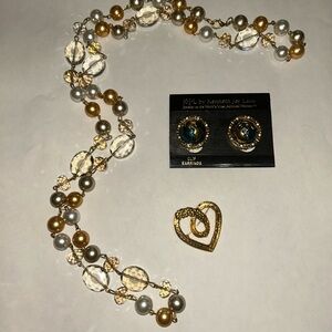 Kenneth Jay Lane Globe Earrings, Crystal/faux pearl necklace, GT Heart Brooch 💐